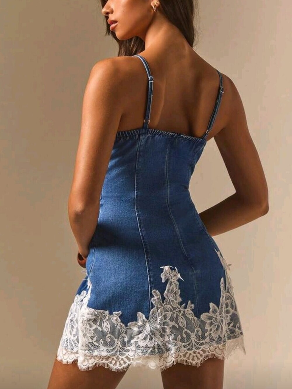 Denim Women's Casual Vacation Spaghetti Strap Sleeveless Lace Patchwork - Picture 2 of 5
